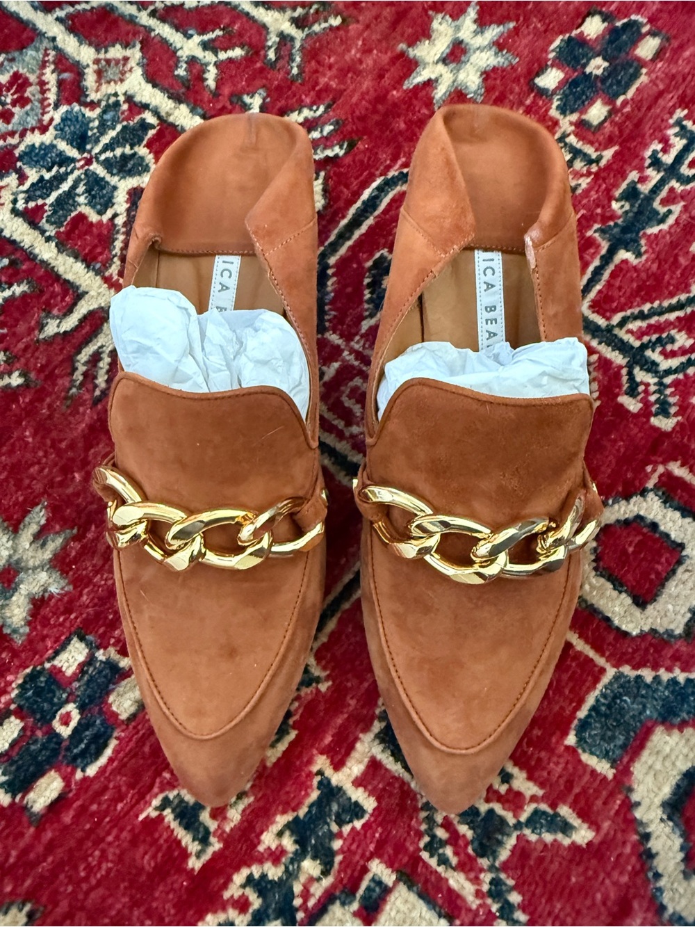 Veronica Beard Rust Suede Pointed-Toe Loafers with Gold Chain
